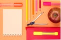 Notebook, book, compass, color pencils and apple on pink background