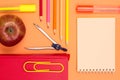 Notebook, book, compass, color pencils and apple on pink background