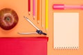 Notebook, book, compass, color pencils and apple on pink background