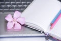 Notebook for business, pink and blue pencils and laptop computer keys Royalty Free Stock Photo