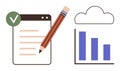 Notebook Checklist, Pencil, Cloud Storage with Bar Graph for Data Management and Planning Royalty Free Stock Photo