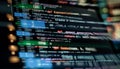 Notebook closeup photo. CSS, JavaScript and HTML usage. Monitor closeup of function source code. Abstract IT technology Royalty Free Stock Photo