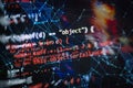 Notebook closeup photo. CSS, JavaScript and HTML usage. Monitor closeup of function source code. Abstract IT technology background Royalty Free Stock Photo