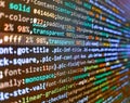 Notebook closeup photo. Javascript code. Developer working on program codes in office. Programming code abstract company office. Royalty Free Stock Photo