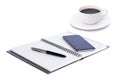 Business and technology in concept. Mockup notebook, pen, black mobile smart phone and cup of coffee Royalty Free Stock Photo