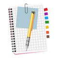 Notebook with colored bookmarks, blue notice and yellow pen