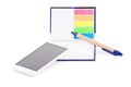 Notebook with colorful page marker stickers, mobile phone and  pen Royalty Free Stock Photo