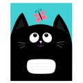 Notebook cover Composition book template. Black cat kitty head looking at butterfly insect. Cute cartoon character. Pet baby