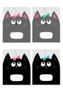 Notebook cover Composition book template. Black gray cat kitty head looking at pink blue bow. Royalty Free Stock Photo