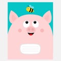 Notebook cover Composition book template. Pink pig piiggy piglet head looking at bee insect. Cute cartoon character. Pet baby coll Royalty Free Stock Photo