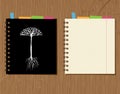 Notebook cover and page design, wooden background