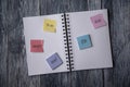 Notebook covered in post it notes, taken on a wooden background Royalty Free Stock Photo