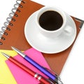 Notebook and cup of coffee isolated on white background. Royalty Free Stock Photo