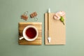 Notebook, cup of tea, clip, pen, carnation flower on green background Royalty Free Stock Photo