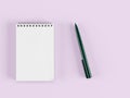 A notebook and a dark green pen on a pink background. 3D rendering Royalty Free Stock Photo