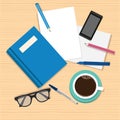Notebook design top view on desk concept, Workspace with office items and business elements Royalty Free Stock Photo