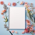 Notebook diary, blank, flowers, blue, AI generated.