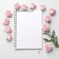 Notebook diary, blank, pink, roses, white, AI generated.