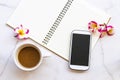 Notebook diary ,mobile phone for business work with hot coffee espresso of lifestyle