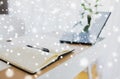 Notebook or diary, pen and laptop on office table Royalty Free Stock Photo