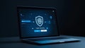Notebook display shows cyber security interface: online protection and controlled access for technology and business content Royalty Free Stock Photo