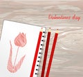 Notebook. Drawn by hand. Line in the shape of tulip flower. Empty space for text. Vector on wooden background