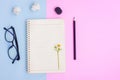 Notebook ,Eyeglasses,Black pencil,Eraser and White Flower on Pink and Blue Background Royalty Free Stock Photo