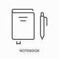 Notebook flat line icon. Vector outline illustration of diary and pen. Black thin linear pictogram for workbook