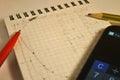 Notebook, formulas, mathematical graphics, homework, mobile phone Royalty Free Stock Photo