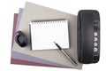 Notebook, fountain pen, ink and phone on textured paper Royalty Free Stock Photo