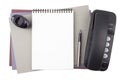 Notebook, fountain pen, ink and Phone on textured paper Royalty Free Stock Photo