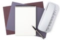 Notebook, fountain pen, and phone on textured paper Royalty Free Stock Photo