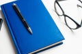 Notebook with glasses and pen, Book with glasses, Blue notebook