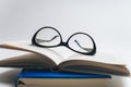 Notebook with glasses and pen, Book with glasses, Blue notebook Royalty Free Stock Photo