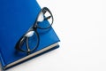 Notebook with glasses and pen, Book with glasses, Blue notebook