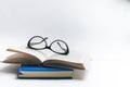 Notebook with glasses and pen, Book with glasses, Blue notebook Royalty Free Stock Photo