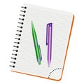 Notebook, green pen and purple pen