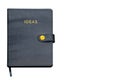 Notebook - IDEAS in gold on gray leather with stitching and clasp - isolated on white with room for copy on right