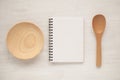 Notebook and kitchen utensils for food recipes Royalty Free Stock Photo