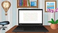 Notebook. Laptop in the interior of the room. Overlay with switchable screen. Royalty Free Stock Photo