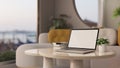 Notebook laptop mockup and decor on modern marble white coffee table Royalty Free Stock Photo