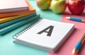 Notebook with letter A sits near apples stacked books and pens. Brightly colored surface. Ready for school work or creative study Royalty Free Stock Photo