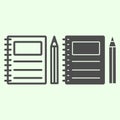 Notebook line and solid icon. Writing spiral notepad and pencil outline style pictogram on white background. Business