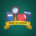 Notebook lupe apple and calculator with ribbon of back to school vector design
