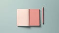 Notebook mock-up isolated on green color background. Flat-lay open page notepad closeup. Pink journal diary softcover. Blank