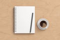 Notebook mockup. Blank notebook, coffee and pencil. Spiral notepad on wooden desk Royalty Free Stock Photo