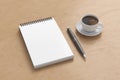 Notebook mockup. Blank workplace notebook. Spiral notepad on wooden desk Royalty Free Stock Photo