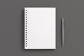 Notebook mockup. Opened blank notebook and pen. Spiral notepad on gray background