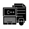 Notebook with mouse and files icon, vector illustration, black sign on isolated background