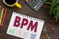Notebook with a notes BPM on the office table with tools. Concept with elements of infographics Royalty Free Stock Photo